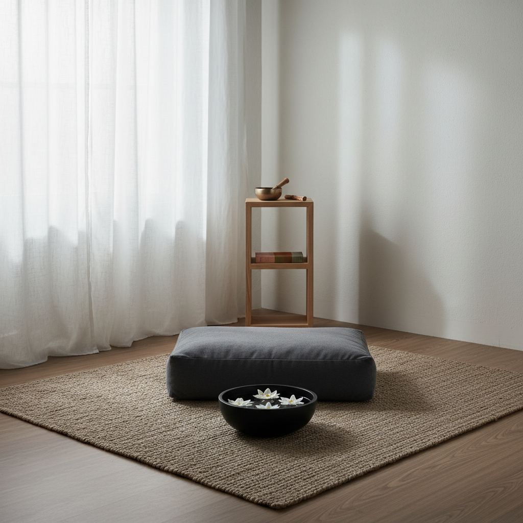 A minimalist meditation corner featuring a thick, charcoal-gray floor cushion centered on a handwoven jute rug, with a low, circular black stone bowl filled with water and floating white petals. Behind it, a tall, narrow wooden shelf holds a small bronze bell, a single palo santo stick, and a closed, cloth-bound book in muted earth tones. Diffused morning light filters through sheer linen curtains, washing the scene in a gentle, silvery glow and casting barely-there shadows. Photographic realism, wide-angle yet focused composition with generous negative space, emphasizing stillness, clarity, and a sophisticated, modern spiritual aesthetic.