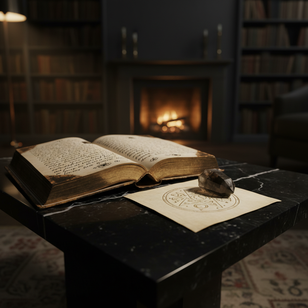 A weathered leather-bound journal with gilded page edges lies open on a low onyx coffee table, revealing dense, handwritten reflections and small symbolic sketches in sepia ink. Beside it rests a smooth smoky quartz point on a folded piece of parchment embossed with an intricate sigil. The setting is a dim, refined study lined with shadowy, floor-to-ceiling bookcases and a distant, blurred fireplace casting a gentle amber glow. Warm, directional lamplight falls from the upper left, creating deep, soft shadows and subtle highlights on the ink and crystal facets. Photographic realism, slightly elevated angle, rule-of-thirds composition, intimate and introspective mood suited for deep spiritual contemplation.